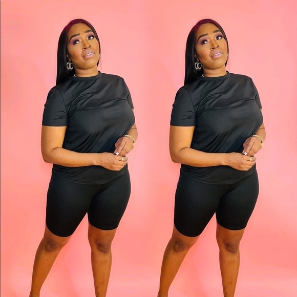 NEW TRENDY DAISY Black Two Piece Short Sleeve High Waisted Biker Short Set - Picture 2 of 5